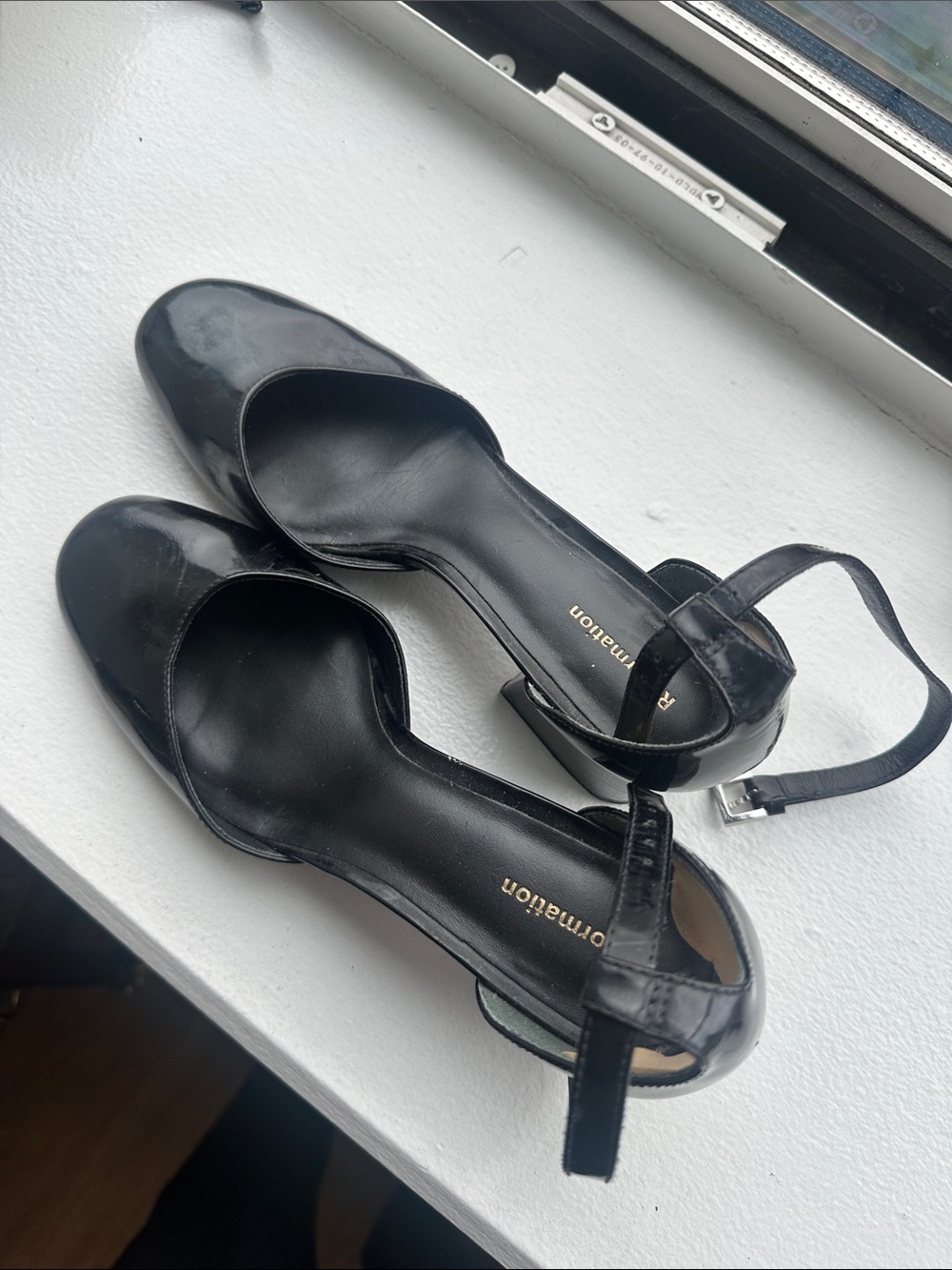 Reformation Black Patent Low Block Heel Sandals